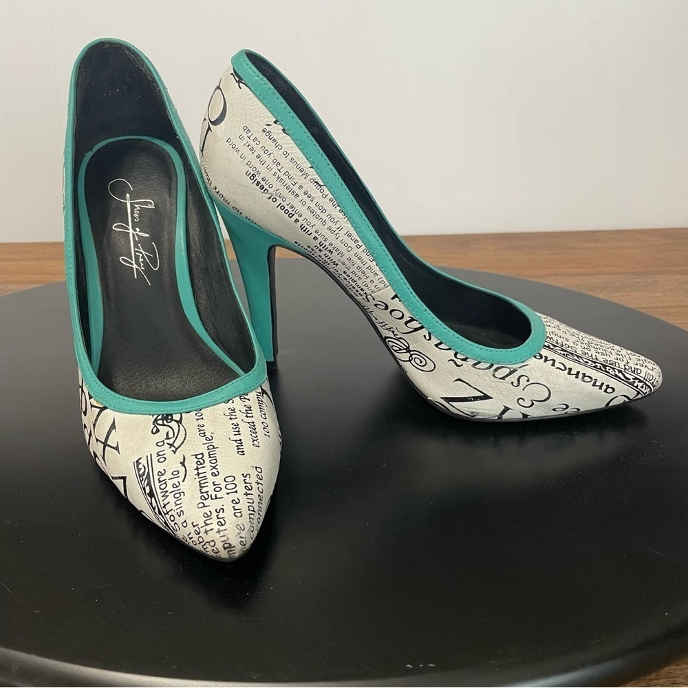 Shoes of Prey Custom 4" Heels Tech Talk White Teal Black sz EU 37 US 6.5